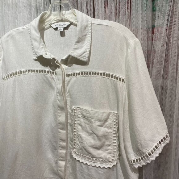 Calligraphie Linen Blend Boxy Button Down Shirt Size Large White Beachy - Picture 2 of 12